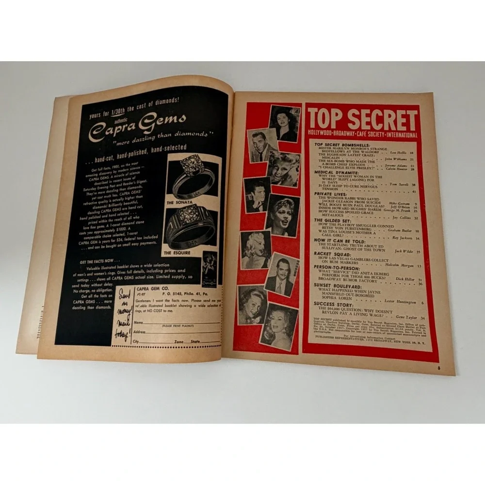 Vintage Top Secret Magazine Oct 1957 Elvis Presley Jayne Mansfield Sophia Loren